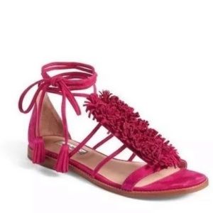 Halogen Pink Suede Flat Sandals Women's SIze 7.5 Fringe Ankle Wraparound Straps